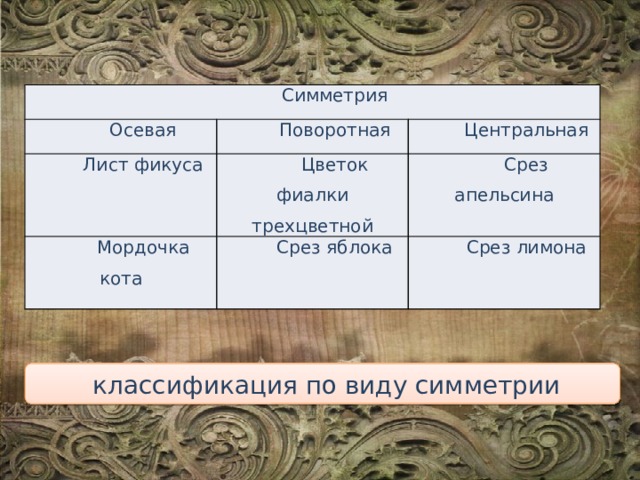 Симметрия Осевая Поворотная Лист фикуса Центральная Цветок фиалки трехцветной Мордочка кота Срез апельсина Срез яблока Срез лимона  классификация по виду симметрии 