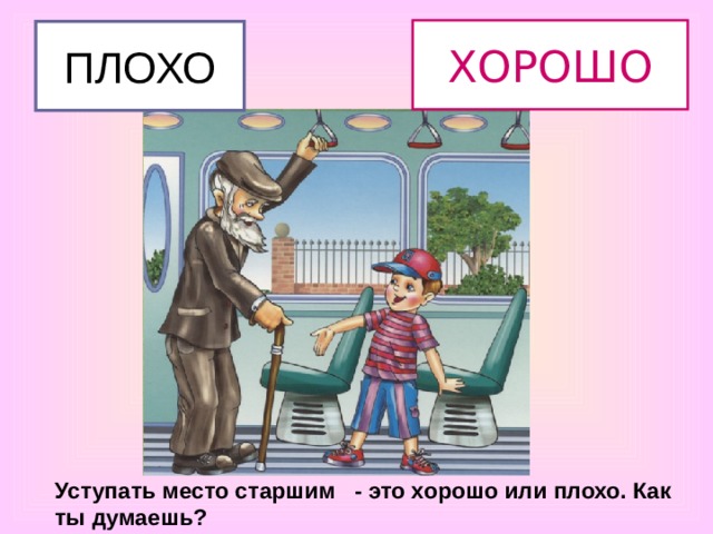ХОРОШО ПЛОХО Уступать место старшим - это хорошо или плохо. Как ты думаешь? 