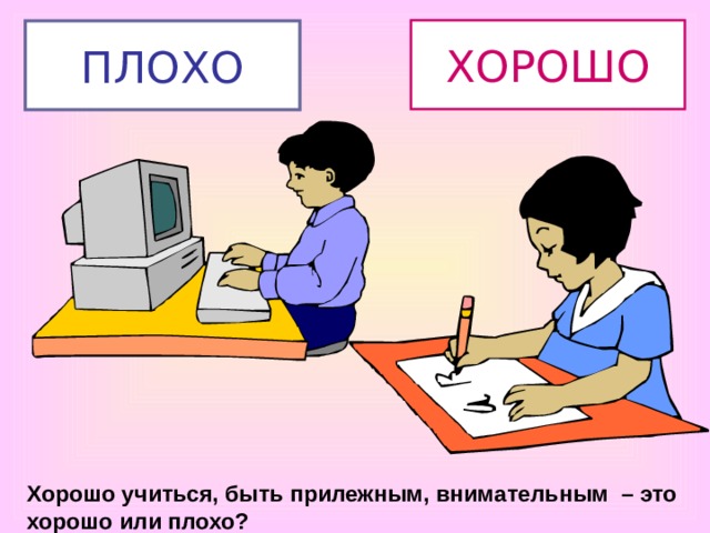ХОРОШО ПЛОХО Хорошо учиться, быть прилежным, внимательным – это хорошо или плохо? 