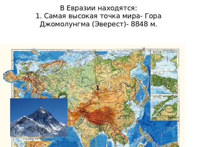 Горы евразии 7 класс география. Карта горы Евразии на карте Джомолунгма. Гора Джомолунгма на карте Евразии. Самая высокая вершина Евразии. Самая высокая точка Евразии на карте.