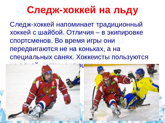  Следж-хоккей на льду   Следж-хоккей напоминает традиционный хоккей с шайбой. Отличия – в экипировке спортсменов. Во время игры они передвигаются не на коньках, а на специальных санях. Хоккеисты пользуются не одной, а двумя клюшками.  