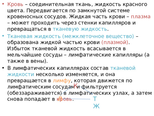 Кровь – соединительная ткань, жидкость красного цвета. Передвигается по замкнутой системе кровеносных сосудов. Жидкая часть крови – плазма – может проходить через стенки капилляров и превращаться в тканевую жидкость . Тканевая жидкость (межклеточное вещество) – образована жидкой частью крови (плазмой) . Избыток тканевой жидкость всасывается в мельчайшие сосуды – лимфатические капилляры (а также в вены). В лимфатических капиллярах состав тканевой жидкости несколько изменяется, и она превращается в лимфу , которая движется по лимфатическим сосудам и фильтруется (обеззараживается) в лимфатических узлах, а затем снова попадает в кровь . К ТЖ Л 