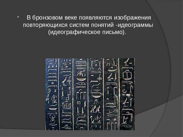  В бронзовом веке появляются изображения повторяющихся систем понятий -идеограммы (идеографическое письмо). 