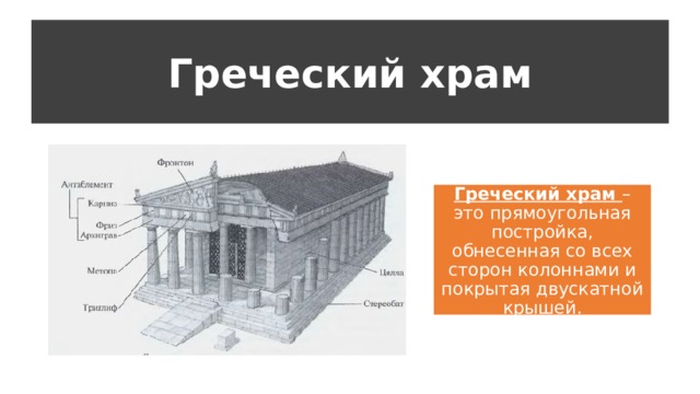 Греческий храм Греческий храм – это прямоугольная постройка, обнесенная со всех сторон колоннами и покрытая двускатной крышей. 