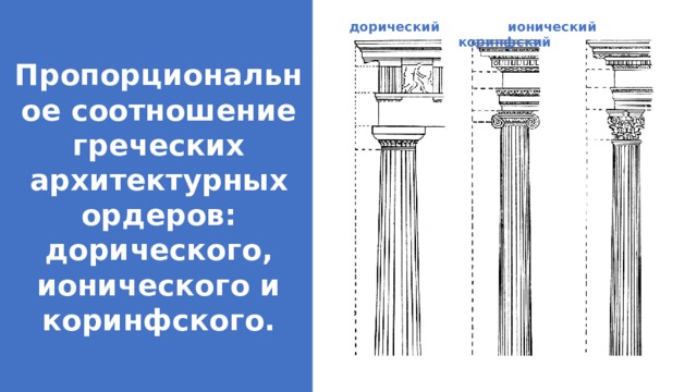 дорический ионический коринфский Пропорциональное соотношение греческих архитектурных ордеров: дорического, ионического и коринфского. 