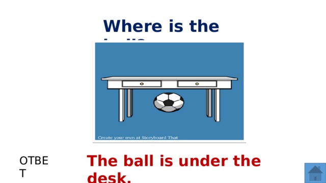 Where is the ball? The ball is under the desk. ОТВЕТ  