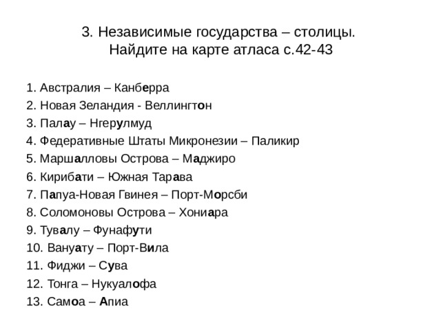 3. Независимые государства – столицы.  Найдите на карте атласа с.42-43 1. Австралия – Канб е рра 2. Новая Зеландия - Веллингт о н 3. Пал а у – Нгер у лмуд 4. Федеративные Штаты Микронезии – Паликир 5. Марш а лловы Острова – М а джиро 6. Кириб а ти – Южная Тар а ва 7. П а пуа-Новая Гвинея – Порт-М о рсби 8. Соломоновы Острова – Хони а ра 9. Тув а лу – Фунаф у ти 10. Вану а ту – Порт-В и ла 11. Фиджи – С у ва 12. Тонга – Нукуал о фа 13. Сам о а – А пиа 