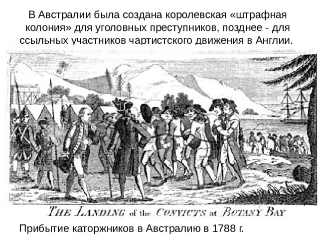 В Австралии была создана королевская «штрафная колония» для уголовных преступников, позднее - для ссыльных участников чартистского движения в Англии. Прибытие каторжников в Австралию в 1788 г. 