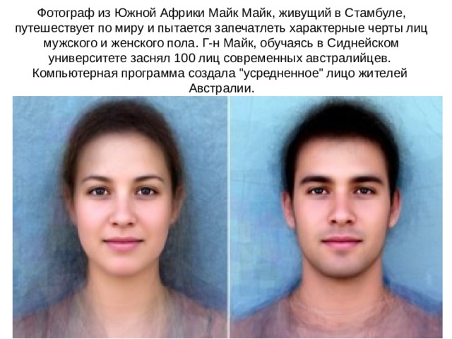  Фотограф из Южной Африки Майк Майк, живущий в Стамбуле, путешествует по миру и пытается запечатлеть характерные черты лиц мужского и женского пола. Г-н Майк, обучаясь в Сиднейском университете заснял 100 лиц современных австралийцев. Компьютерная программа создала 