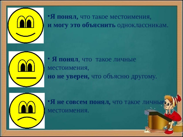 Я понял, что такое местоимения, и могу это объяснить одноклассникам.  Я понял , что такое личные местоимения, но не уверен, что объясню другому. Я не совсем понял, что такое личные местоимения. 