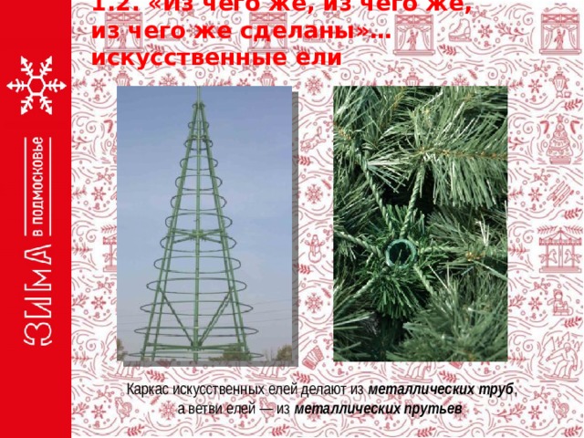 1.2. «Из чего же, из чего же, из чего же сделаны»… искусственные ели Каркас искусственных елей делают из металлических труб , а ветви елей — из металлических прутьев 