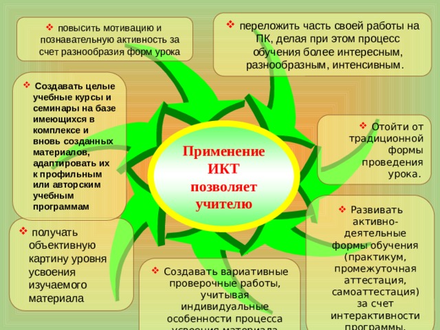  переложить часть своей работы на ПК, делая при этом процесс обучения более интересным, разнообразным, интенсивным.   повысить мотивацию и познавательную активность за счет разнообразия форм урока  Создавать целые учебные курсы и семинары на базе имеющихся в комплексе и вновь созданных материалов, адаптировать их к профильным или авторским учебным программам  Отойти от традиционной формы проведения урока.  Применение ИКТ позволяет учителю  Развивать активно-деятельные формы обучения (практикум, промежуточная аттестация, самоаттестация) за счет интерактивности программы.  получать объективную картину уровня усвоения изучаемого материала  Создавать вариативные проверочные работы, учитывая индивидуальные особенности процесса усвоения материала каждым учащимся. 10 