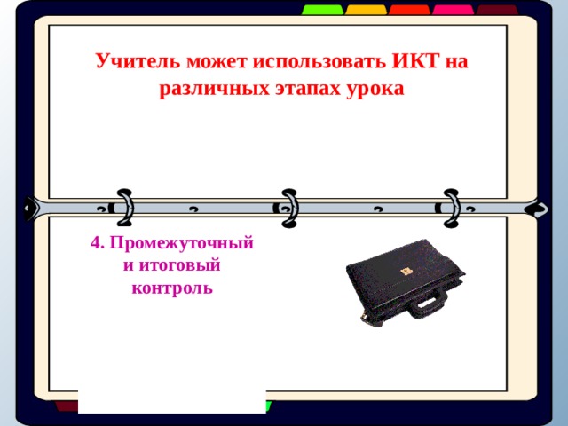 Учитель может использовать ИКТ на различных этапах урока 4. Промежуточный и итоговый контроль      2.Подготовка к усвоению нового материала 3. Объяснение и закрепление нового материала  1.Проверка домашнего задания 2 