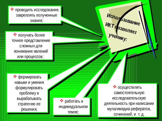 Использование ИКТ позволяет ученику:   проводить исследования, закреплять полученные знания;  получать более точное представление сложных для понимания явлений или процессов;  формировать навыки и умения формулировать проблему и вырабатывать стратегию ее решения;  осуществлять самостоятельную исследовательскую деятельность при написании мультимедиа-рефератов, сочинений, и т. д.  работать в индивидуальном темпе; 10 