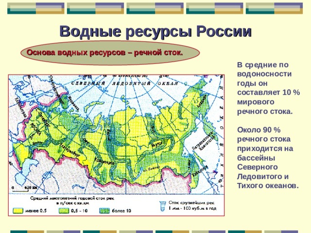 Водные ресурсы России Основа водных ресурсов – речной сток.   В средние по водоносности годы он составляет 10 % мирового речного стока.  Около 90 % речного стока приходится на бассейны Северного Ледовитого и Тихого океанов.  