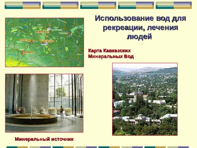 Использование вод для рекреации, лечения людей  Карта Кавказских Минеральных Вод  Минеральный источник 
