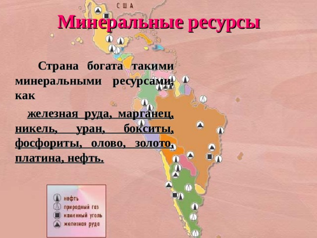 Минеральные ресурсы  Страна богата такими минеральными ресурсами, как  железная руда, марганец, никель, уран, бокситы, фосфориты, олово, золото, платина, нефть. 