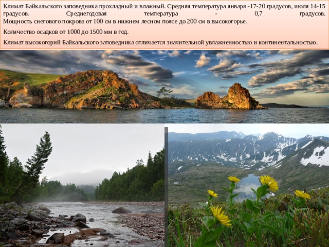 Климат Байкальского заповедника прохладный и влажный. Средняя температура января -17-20 градусов, июля 14-15 градусов. Среднегодовая температура - 0,7 градусов.  Мощность снегового покрова от 100 см в нижнем лесном поясе до 200 см в высокогорье. Количество осадков от 1000 до 1500 мм в год. Климат высокогорий Байкальского заповедника отличается значительной увлажненностью и континентальностью. 