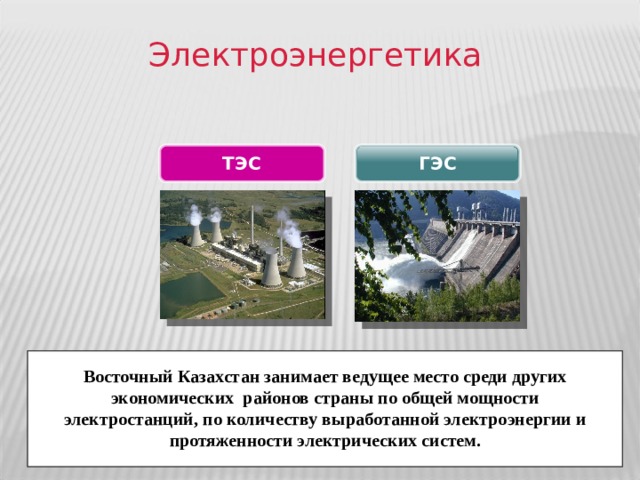 Электроэнергетика ГЭС ТЭС Восточный Казахстан занимает ведущее место среди других экономических районов страны по общей мощности электростанций, по количеству выработанной электроэнергии и протяженности электрических систем. 