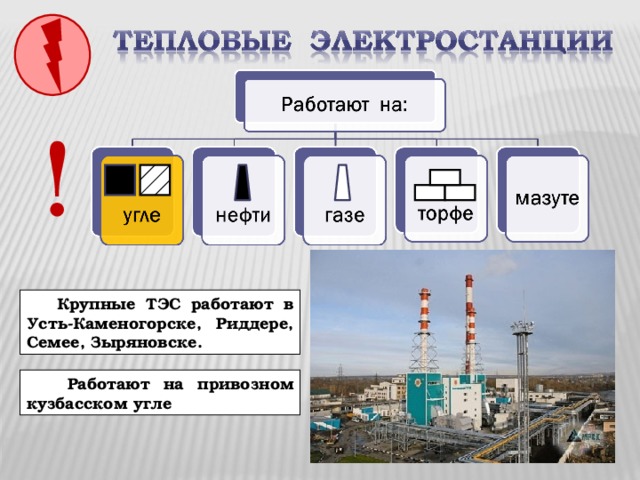 !  Крупные ТЭС работают в Усть-Каменогорске, Риддере, Семее, Зыряновске.  Работают на привозном кузбасском угле 