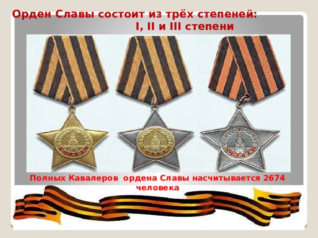  Орден Славы состоит из трёх степеней: I, II и III степени         Полных Кавалеров ордена Славы насчитывается 2674 человека 