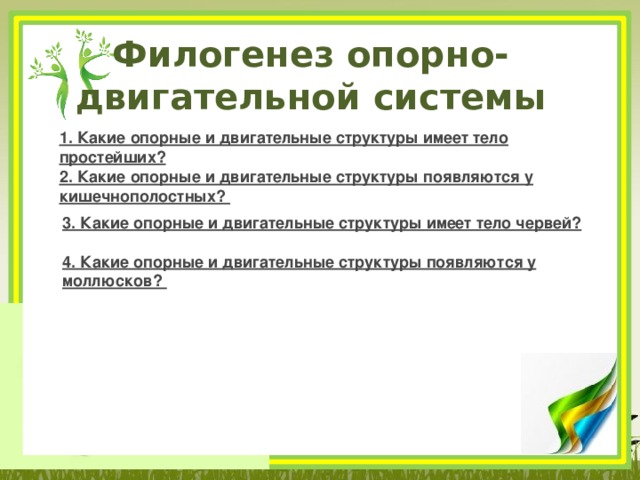 Филогенез опорно-двигательной системы 1. Какие опорные и двигательные структуры имеет тело простейших?   2. Какие опорные и двигательные структуры появляются у кишечнополостных?  3. Какие опорные и двигательные структуры имеет тело червей?   4. Какие опорные и двигательные структуры появляются у моллюсков?  