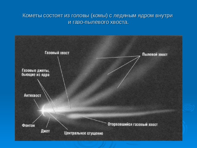 Кометы состоят из головы (комы) с ледяным ядром внутри  и газо-пылевого хвоста. 