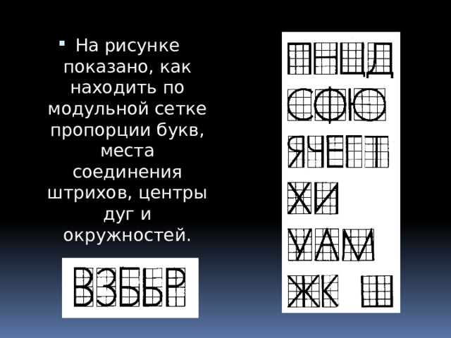 На рисунке показано, как находить по модульной сетке пропорции букв, места соединения штрихов, центры дуг и окружностей. 