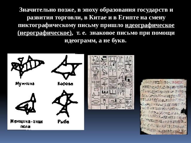 Значительно позже, в эпоху образования государств и развития торговли, в Китае и в Египте на смену пиктографическому письму пришло идеографическое (иерографическое) ,  т. е.  знаковое письмо при помощи идеограмм, а не букв. 