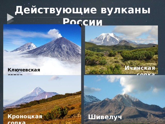 Действующие вулканы России Ичинская сопка Ключевская сопка Кроноцкая сопка Шивелуч 