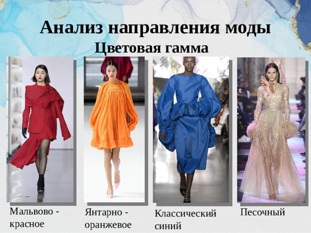 Анализ направления моды  Цветовая гамма Мальвово - красное Янтарно - оранжевое Песочный Классический синий 