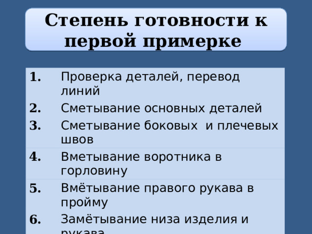 Степень готовности к первой примерке 1. Проверка деталей, перевод линий 2. Сметывание основных деталей 3. Сметывание боковых и плечевых швов 4. Вметывание воротника в горловину 5. Вмётывание правого рукава в пройму 6. Замётывание низа изделия и рукава 