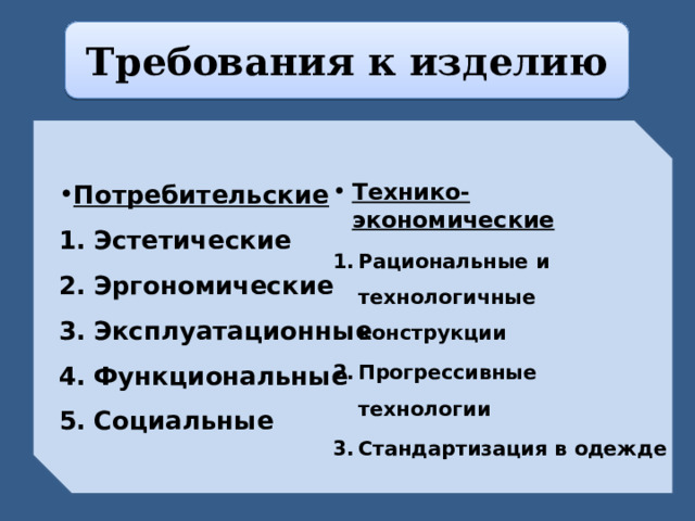 Требования к изделию Потребительские Эстетические Эргономические Эксплуатационные Функциональные Социальные Технико-экономические Рациональные и технологичные конструкции Прогрессивные технологии Стандартизация в одежде  