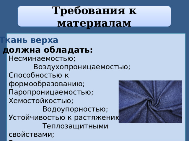 Требования к материалам Ткань верха  должна обладать: Несминаемостью; Воздухопроницаемостью; Способностью к формообразованию; Паропроницаемостью; Хемостойкостью; Водоупорностью; Устойчивостью к растяжению; Теплозащитными свойствами; Выносливостью; Гигроскопическими свойствами.  