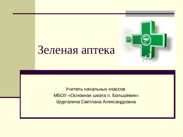   Зеленая аптека Учитель начальных классов МБОУ «Основная школа п. Большевик» Шургалина Светлана Александровна 