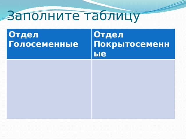 Заполните таблицу Отдел Голосеменные Отдел Покрытосеменные 