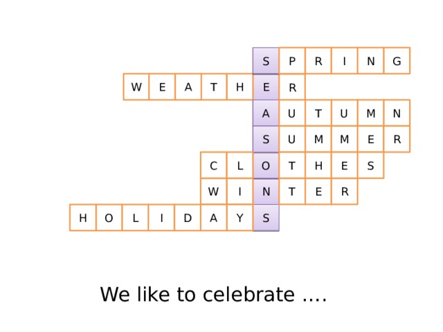G S I R P N H E E W A T R M N U U T A M E R M U S C O T H E S L R E T W I N I A D S L O Y H We like to celebrate …. 