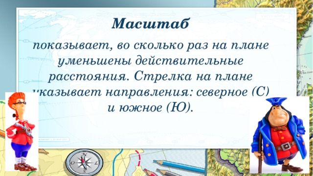 Масштаб показывает, во сколько раз на плане уменьшены действительные расстояния. Стрелка на плане указывает направления: северное (С) и южное (Ю).       