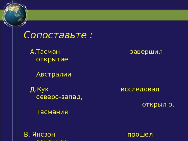 Сопоставьте :  А.Тасман завершил открытие  Австралии  Д.Кук исследовал северо-запад,  открыл о. Тасмания В. Янсзон прошел западное  побережье полуострова  Кейп Йорк 