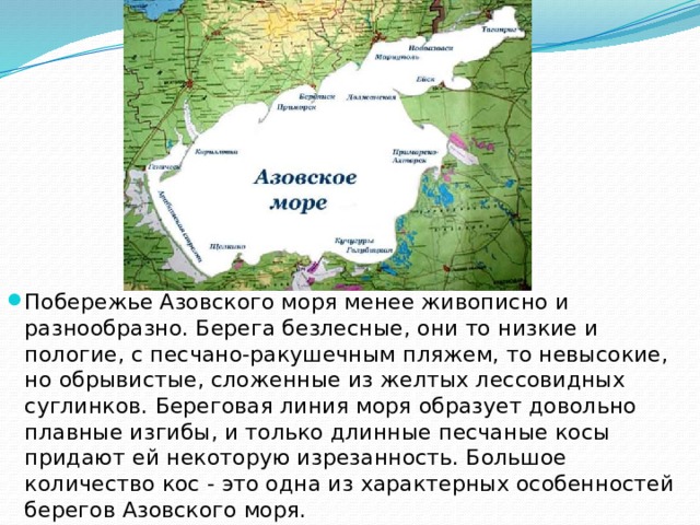 Побережье Азовского моря менее живописно и разнообразно. Берега безлесные, они то низкие и пологие, с песчано-ракушечным пляжем, то невысокие, но обрывистые, сложенные из желтых лессовидных суглинков. Береговая линия моря образует довольно плавные изгибы, и только длинные песчаные косы придают ей некоторую изрезанность. Большое количество кос - это одна из характерных особенностей берегов Азовского моря. 