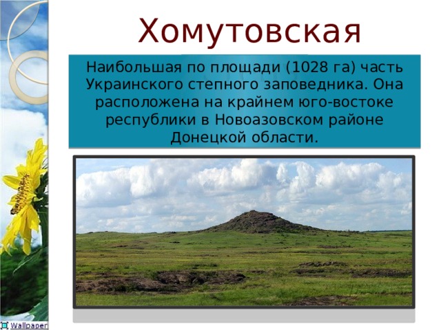 Хомутовская степь Наибольшая по площади (1028 га) часть Украинского степного заповедника. Она расположена на крайнем юго-востоке республики в Новоазовском районе Донецкой области. 