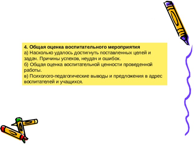 4. Общая оценка воспитательного мероприятия а) Насколько удалось достигнуть поставленных целей и задач. Причины успехов, неудач и ошибок. б) Общая оценка воспитательной ценности проведенной работы. в) Психолого-педагогические выводы и предложения в адрес воспитателей и учащихся. 