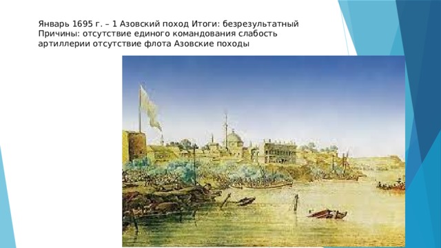 Январь 1695 г. – 1 Азовский поход Итоги: безрезультатный Причины: отсутствие единого командования слабость артиллерии отсутствие флота Азовские походы 