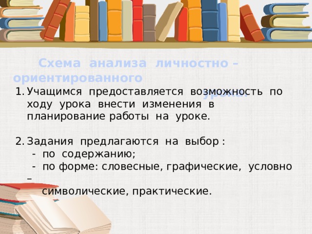  Схема анализа личностно – ориентированного  урока. Учащимся предоставляется возможность по ходу урока внести изменения в планирование работы на уроке. Задания предлагаются на выбор :  - по содержанию;  - по форме: словесные, графические, условно –  символические, практические. 