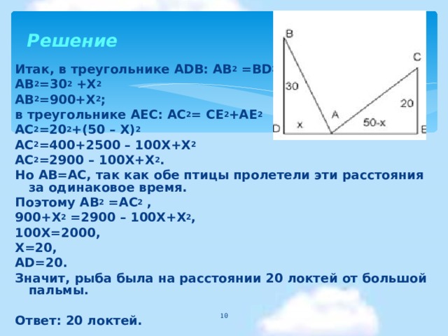 Решение   Итак, в треугольнике АDВ: АВ 2 =ВD 2 +АD 2  АВ 2 =30 2 +Х 2 АВ 2 =900+Х 2 ; в треугольнике АЕС: АС 2 = СЕ 2 +АЕ 2 АС 2 =20 2 +(50 – Х) 2  АС 2 =400+2500 – 100Х+Х 2 АС 2 =2900 – 100Х+Х 2 . Но АВ=АС, так как обе птицы пролетели эти расстояния за одинаковое время. Поэтому АВ 2 =АС 2 , 900+Х 2 =2900 – 100Х+Х 2 , 100Х=2000, Х=20, АD=20. Значит, рыба была на расстоянии 20 локтей от большой пальмы.  Ответ: 20 локтей.   