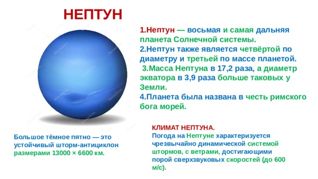 НЕПТУН 1.Нептун — восьмая и самая дальняя планета Солнечной системы. 2.Нептун также является четвёртой по диаметру и третьей по массе планетой.  3.Масса Нептуна в 17,2 раза, а диаметр экватора в 3,9 раза больше таковых у Земли. 4.Планета была названа в честь римского бога морей. КЛИМАТ НЕПТУНА. Погода на Нептуне характеризуется чрезвычайно динамической системой штормов, с ветрами, достигающими порой сверхзвуковых скоростей (до 600 м/с). Большое тёмное пятно — это устойчивый шторм-антициклон размерами 13000 × 6600 км. 