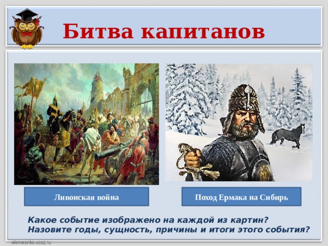 Битва капитанов Ливонская война Поход Ермака на Сибирь Какое событие изображено на каждой из картин?  Назовите годы, сущность, причины и итоги этого события?   