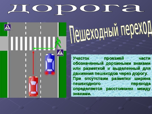 Участок проезжей части обозначенный дорожными знаками или разметкой и выделенный для движения пешеходов через дорогу. При отсутствии разметки ширина пешеходного перехода определяется расстоянием между знаками. 