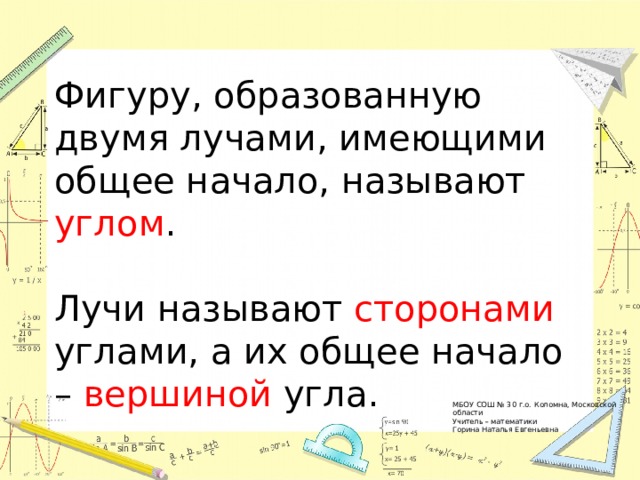 Фигуру, образованную двумя лучами, имеющими общее начало, называют углом . Лучи называют сторонами углами, а их общее начало – вершиной угла. МБОУ СОШ № 30 г.о. Коломна, Московской области Учитель – математики Горина Наталья Евгеньевна 