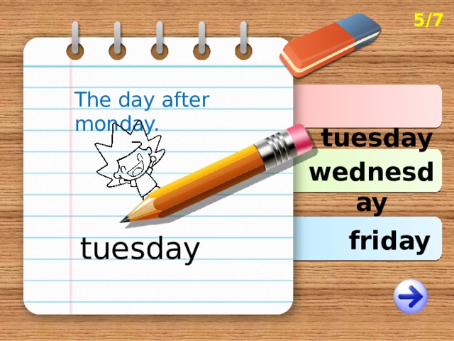 5/7 The day after monday.  tuesday wednesday friday tuesday 